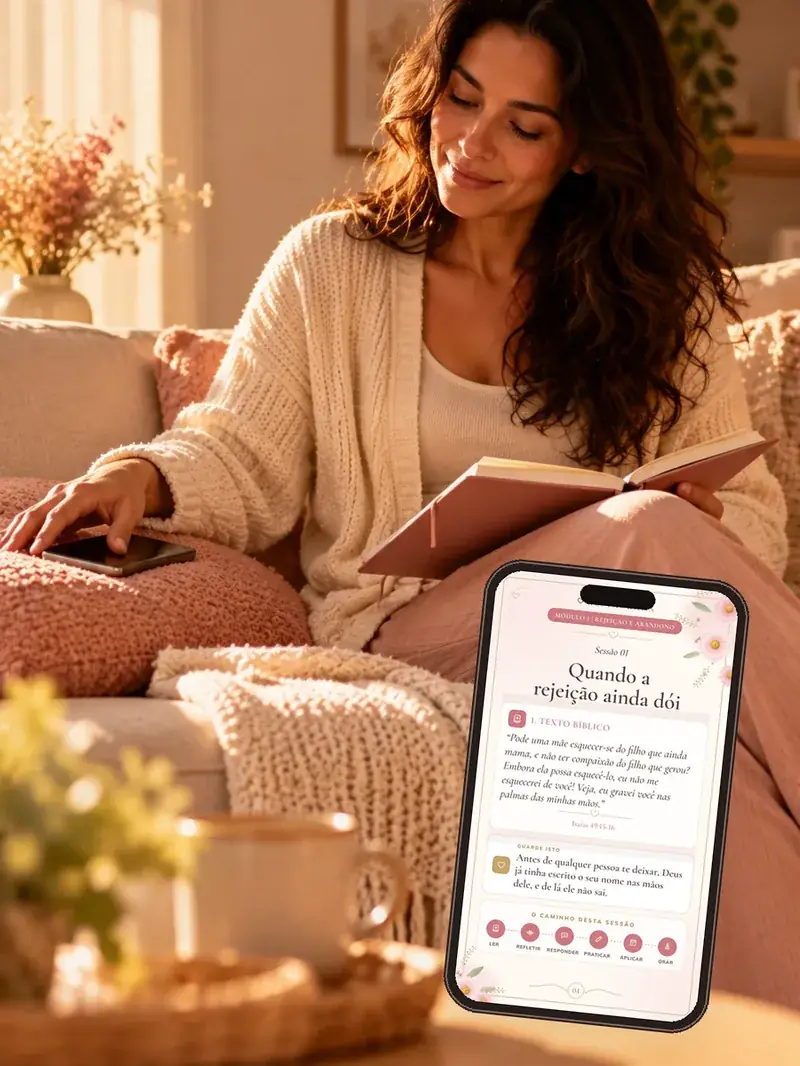 Mulher no sofá com o Restaurada aberto no celular